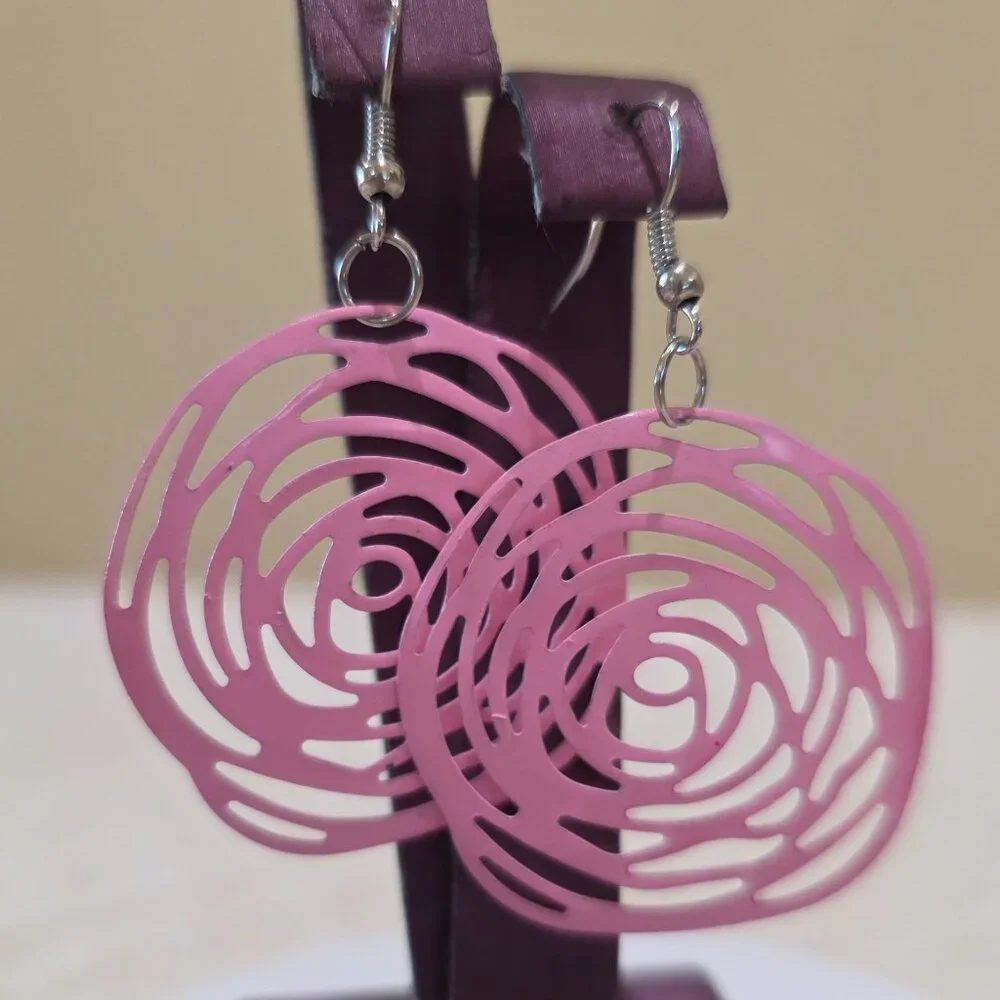 Beautiful Spring Flowers Light Pink Open Work Metal Rose Flower Dangle Earrings
